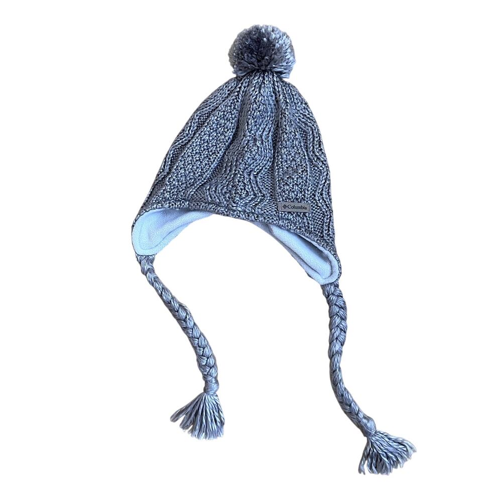 Columbia tan cable knit pom pom ear flap braided ties beanie hat unisex OS warm